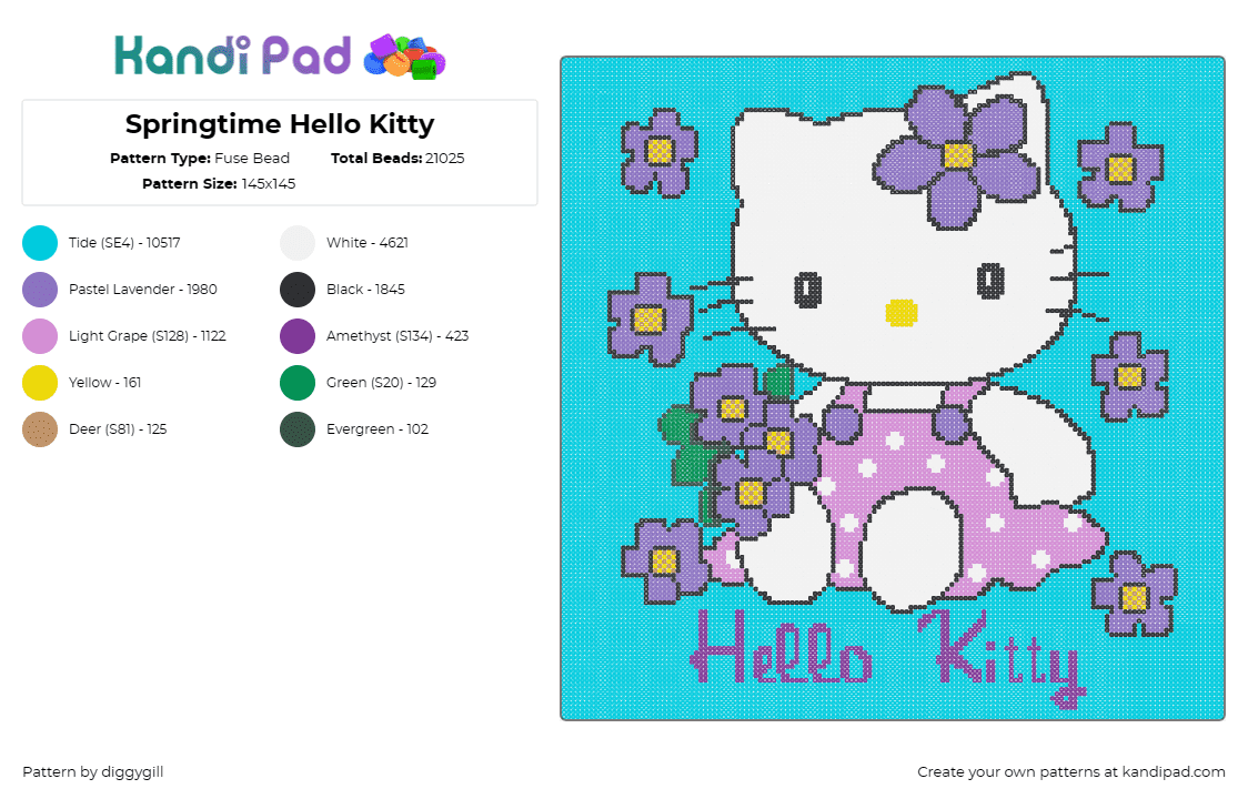 Springtime Hello Kitty - Fuse Bead Pattern by diggygill on Kandi Pad - hello kitty,spring,sanrio,flowers,character,pastel,dress,panel,pink,white,purple