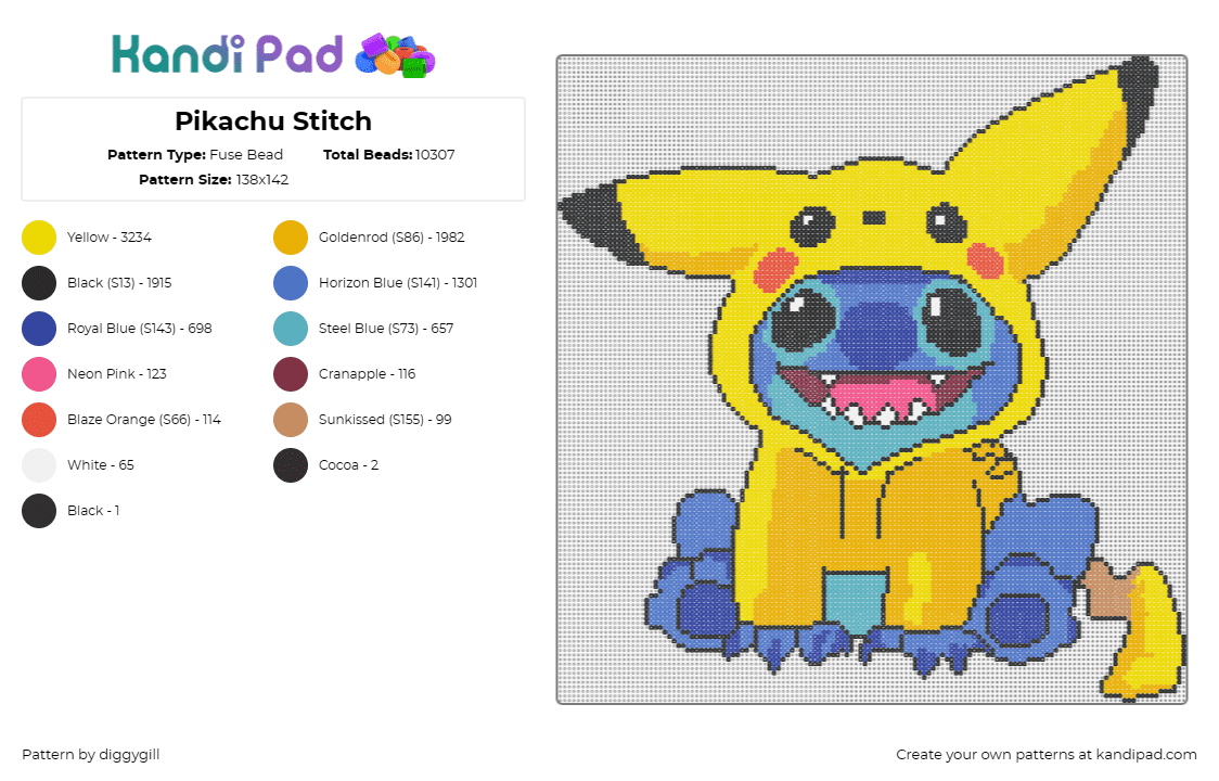 Pikachu Stitch - Fuse Bead Pattern by diggygill on Kandi Pad - stitch,pikachu,costume,cute,pokemon,lilo and stitch,character,happy,disney,movie