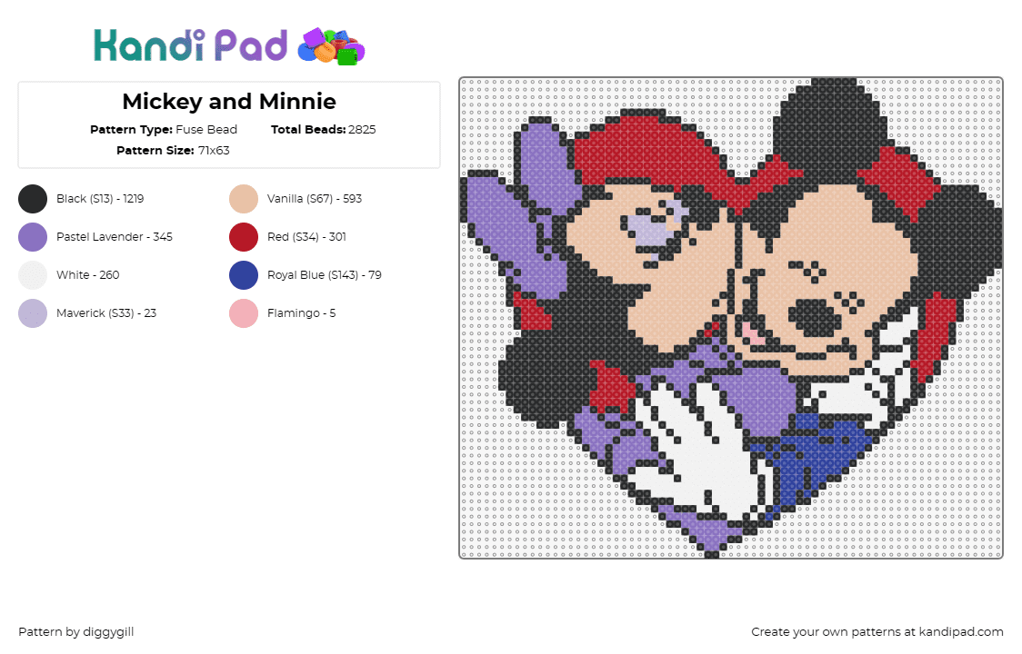 Mickey and Minnie - Fuse Bead Pattern by diggygill on Kandi Pad - mickey,minnie,disney,mouse,love,affection,kiss,heart,characters,cartoon,purple,r