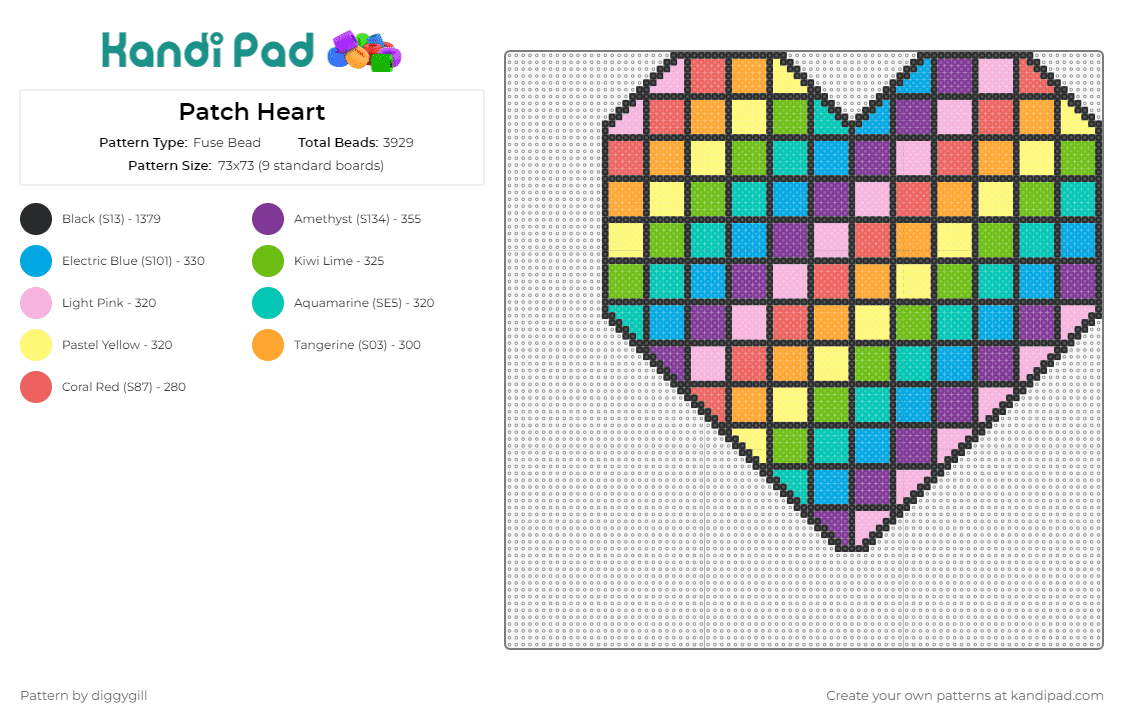 Patch Heart - Fuse Bead Pattern by diggygill on Kandi Pad - heart,geometric,grid,patch,diagonal,colorful