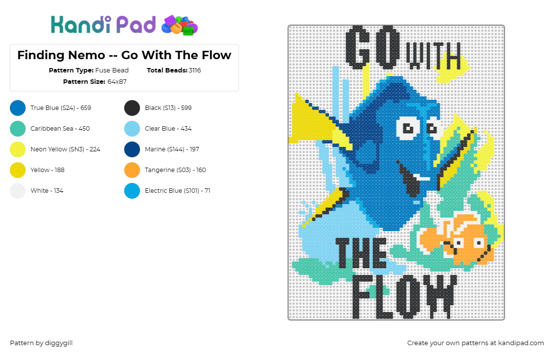 Finding Nemo -- Go With The Flow - Fuse Bead Pattern by diggygill on Kandi Pad - finding nemo,dory,disney,fish,sign,text,blue,teal,black