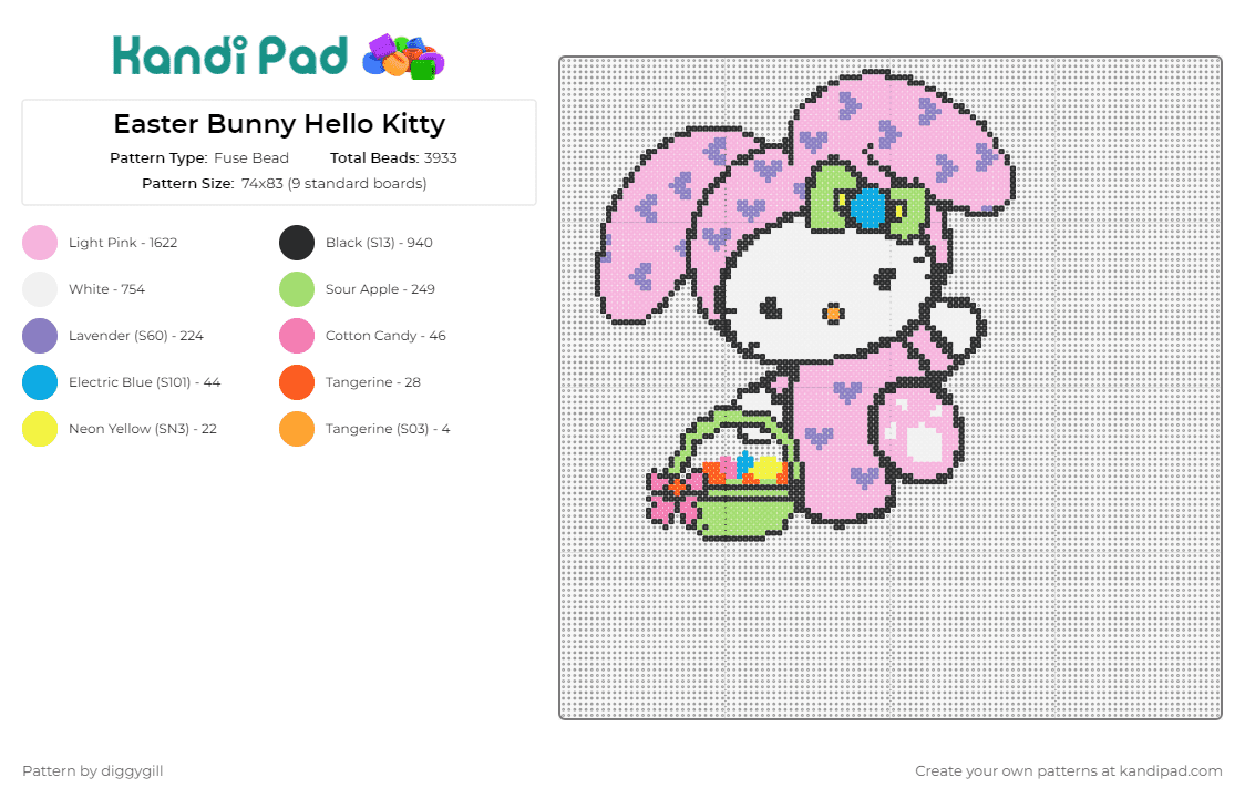 Easter Bunny Hello Kitty - Fuse Bead Pattern by diggygill on Kandi Pad - hello kitty,easter,bunny,sanrio,costume,basket,eggs,character,cute,kawaii,white,pink,green