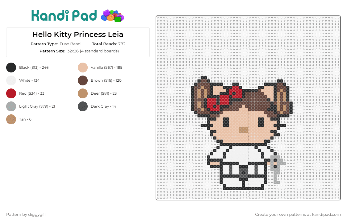 Hello Kitty Princess Leia - Fuse Bead Pattern by diggygill on Kandi Pad - leia,hello kitty,star wars,sanrio,mashup,princess,scifi,tan,brown,white,cute