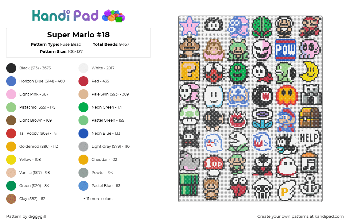 Super Mario #18 - Fuse Bead Pattern by diggygill on Kandi Pad - mario,nintendo,video game,classic,nostalgia,characters,colorful,icons