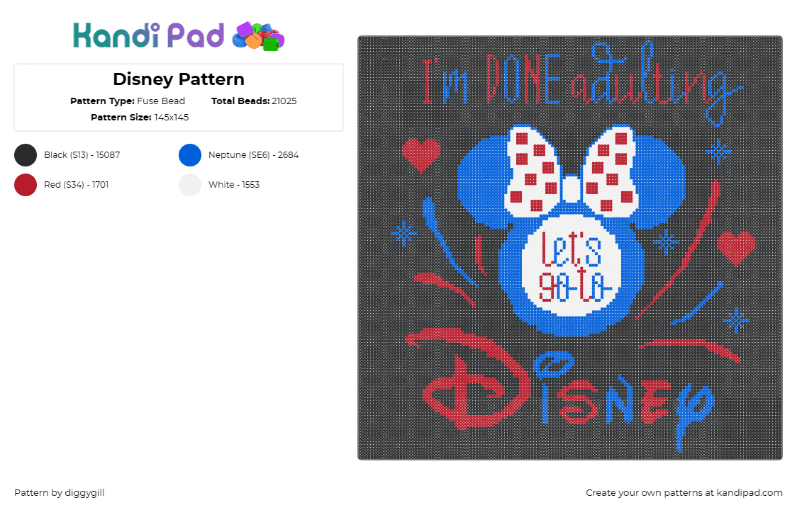 Disney Pattern - Fuse Bead Pattern by diggygill on Kandi Pad - disney,sign,minnie mouse,text,adventure,panel,bow,blue,red,white,black