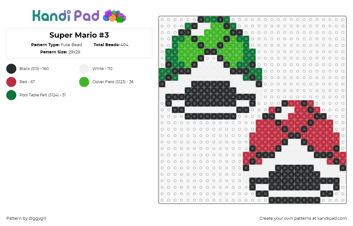 Super Mario #3 - Fuse Bead Pattern by diggygill on Kandi Pad - shells,mario,nintendo,video game,red,green,white