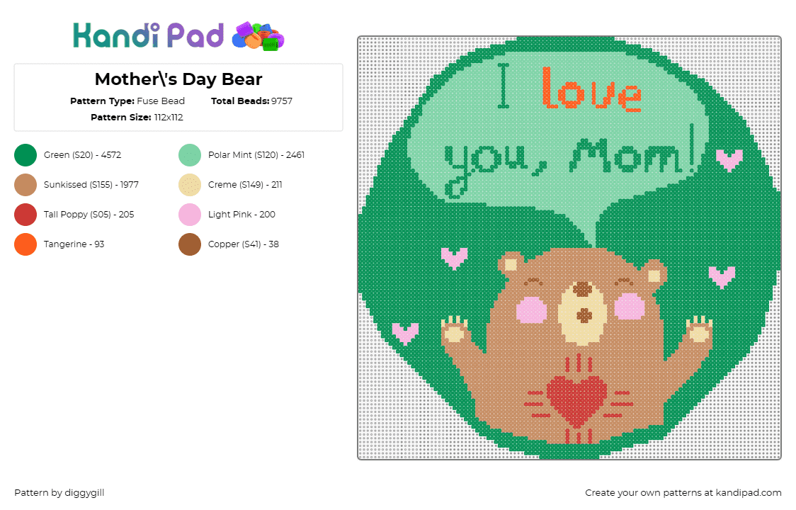 Mother\'s Day Bear - Fuse Bead Pattern by diggygill on Kandi Pad - mom,mothers day,bear,love,hug,text,cute,green,tan