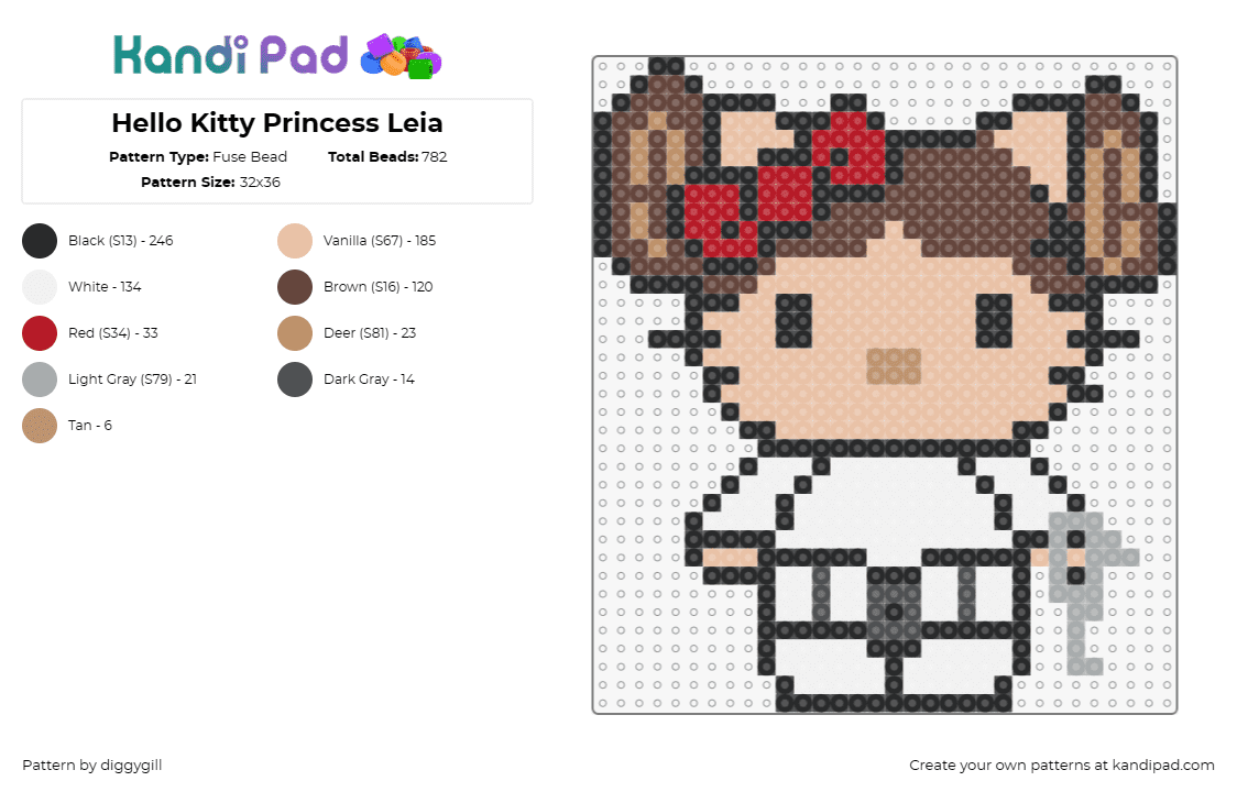 Hello Kitty Princess Leia - Fuse Bead Pattern by diggygill on Kandi Pad - leia,hello kitty,star wars,sanrio,mashup,princess,scifi,tan,brown,white,cute