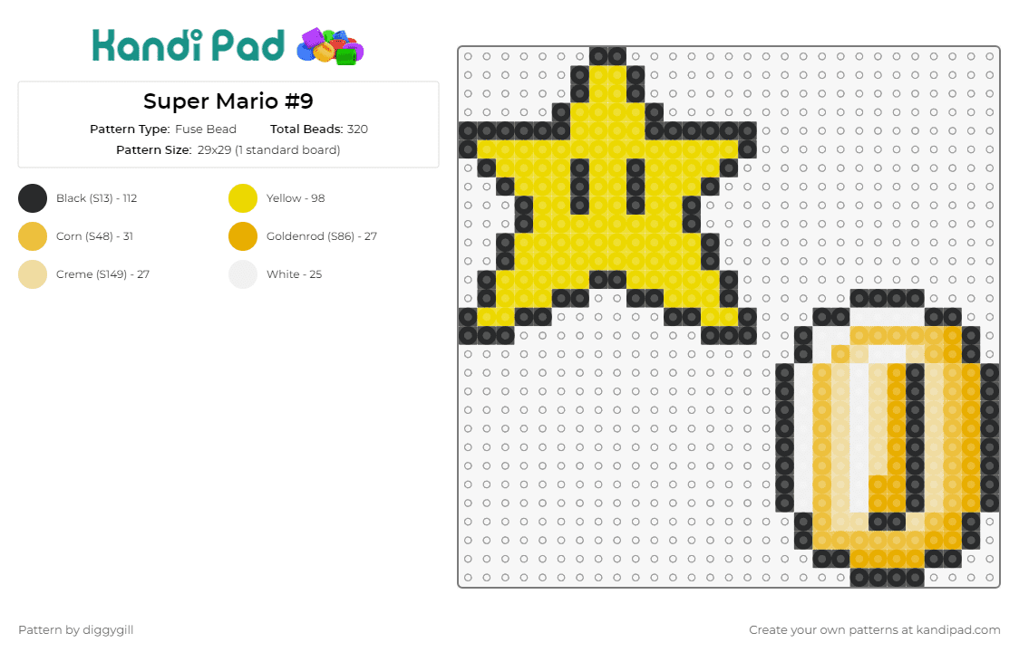 Super Mario #9 - Fuse Bead Pattern by diggygill on Kandi Pad - coin,star,mario,nintendo,video game,yellow,gold