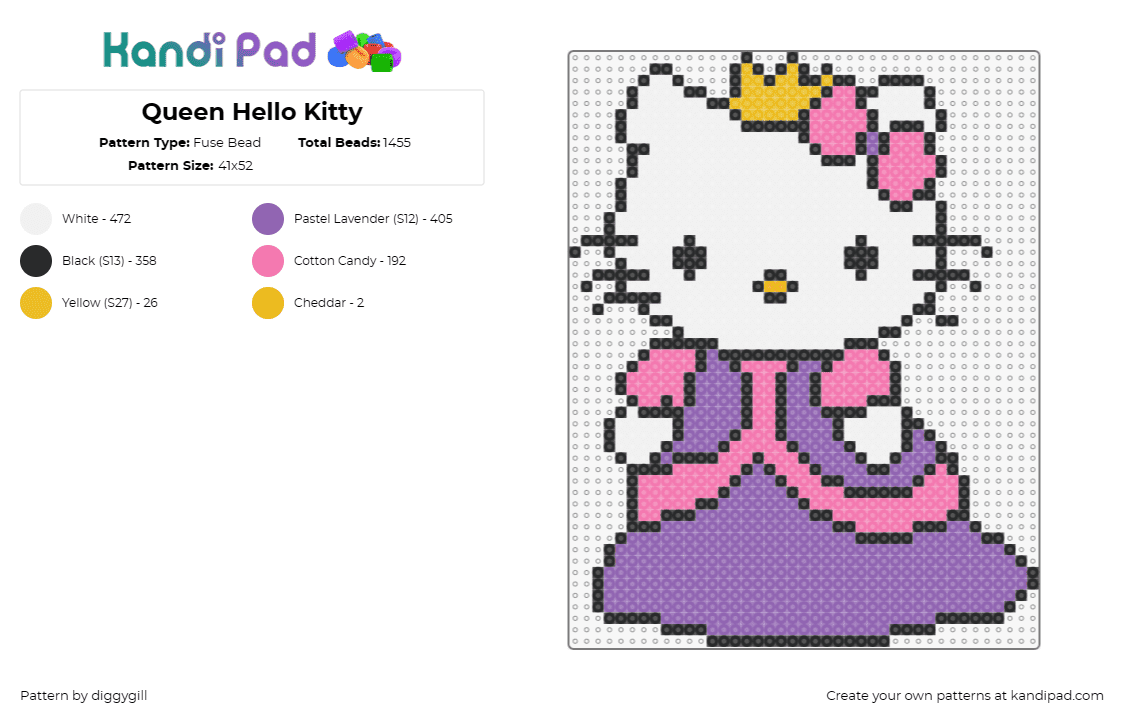 Queen Hello Kitty - Fuse Bead Pattern by diggygill on Kandi Pad - hello kitty,queen,sanrio,crown,dress,character,purple,white