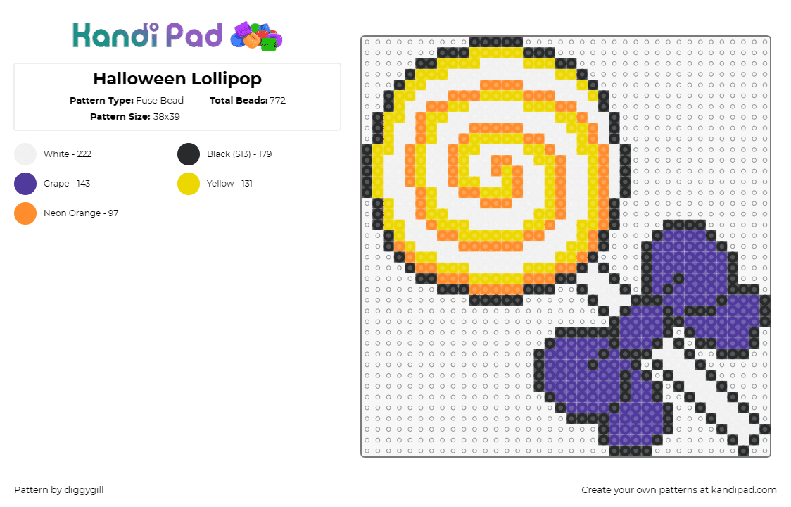 Halloween Lollipop - Fuse Bead Pattern by diggygill on Kandi Pad - lollipop,candy,spiral,halloween,sweet,dessert,bow,purple,orange,white