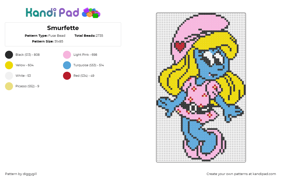 Smurfette - Fuse Bead Pattern by diggygill on Kandi Pad - smurfette,smurfs,character,tv show,movie,nostalgia,blonde,cute,blue,pink,yellow