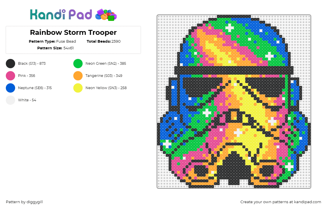 Rainbow Storm Trooper - Fuse Bead Pattern by diggygill on Kandi Pad - storm trooper,star wars,helmet,galaxy,space,scifi,colorful,yellow,green