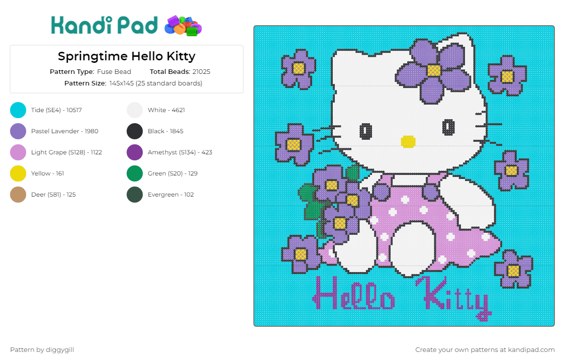 Springtime Hello Kitty - Fuse Bead Pattern by diggygill on Kandi Pad - hello kitty,spring,sanrio,flowers,character,pastel,dress,panel,pink,white,purple,light blue