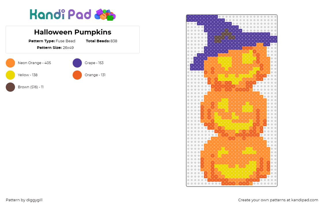 Halloween Pumpkins - Fuse Bead Pattern by diggygill on Kandi Pad - pumpkins,jackolanterns,witch,spooky,halloween,hat,orange,purple
