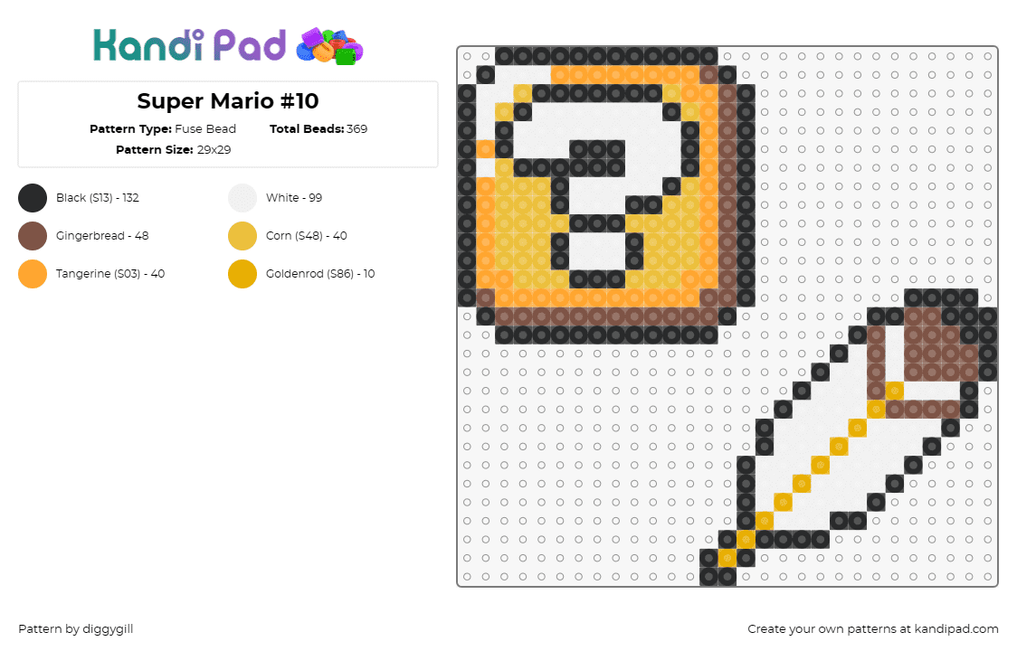 Super Mario #10 - Fuse Bead Pattern by diggygill on Kandi Pad - feather,question,block,coin,mario,nintendo,video game,yellow,white,brown