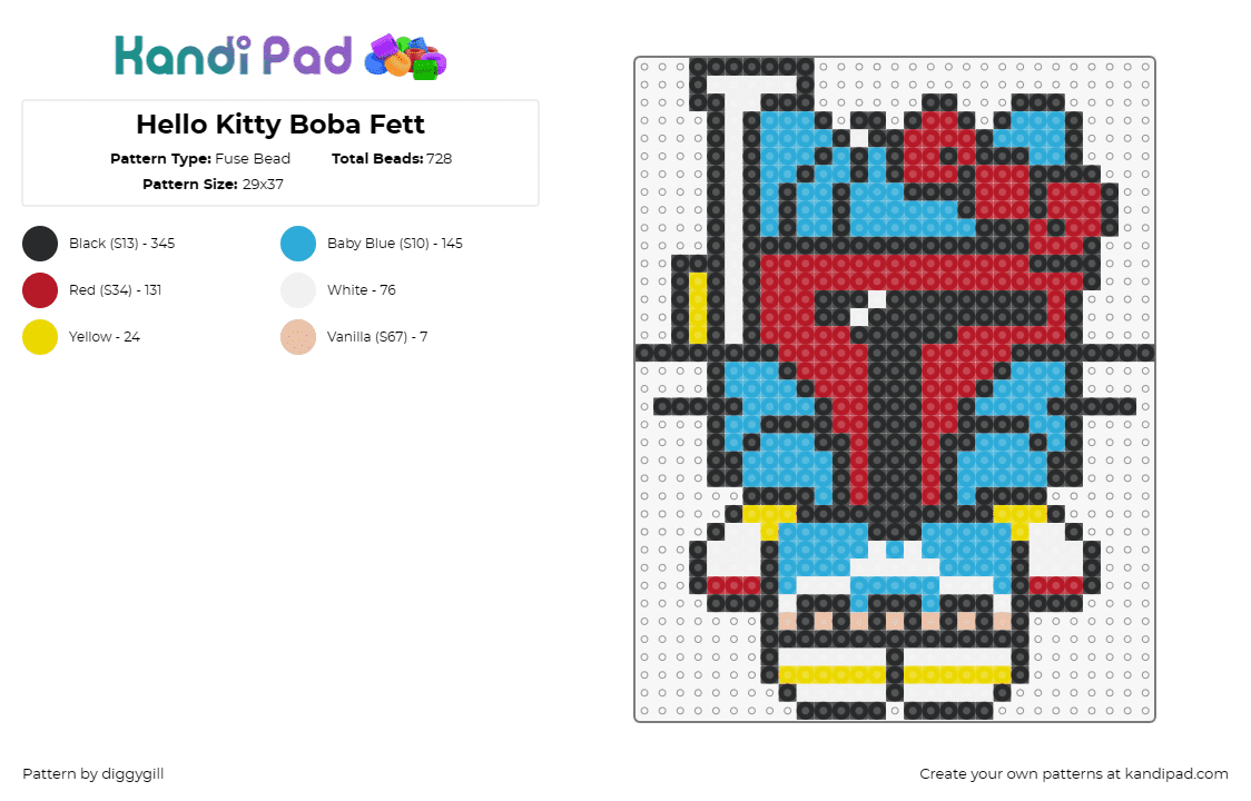 Hello Kitty Boba Fett - Fuse Bead Pattern by diggygill on Kandi Pad - boba fett,hello kitty,star wars,sanrio,mashup,scifi,red,light blue