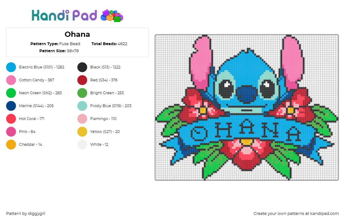 Ohana - Fuse Bead Pattern by diggygill on Kandi Pad - ohana,stitch,lilo and stitch,sign,colorful,cute,disney,movie,blue,red,green