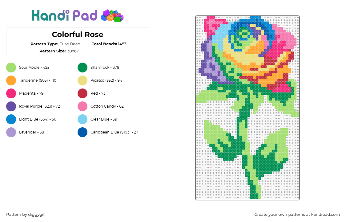 Colorful Rose - Fuse Bead Pattern by diggygill on Kandi Pad - rose,flower,colorful,bloom,nature,plants,garden,green