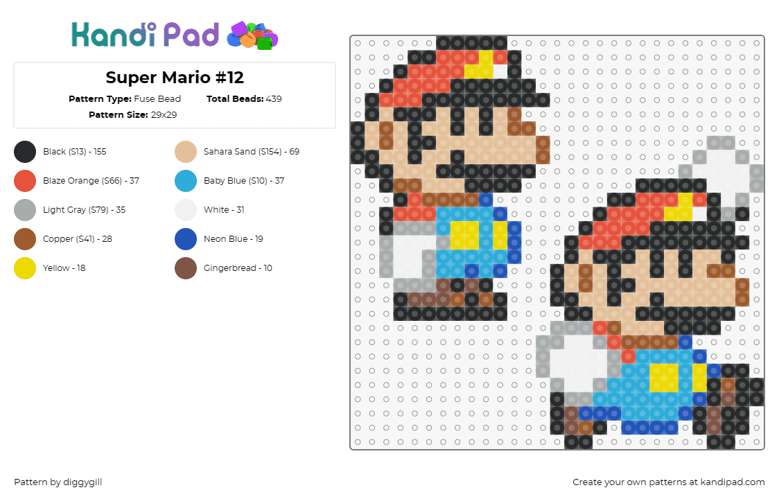 Super Mario #12 - Fuse Bead Pattern by diggygill on Kandi Pad - mario,nintendo,jump,characters,video game,red,blue,tan