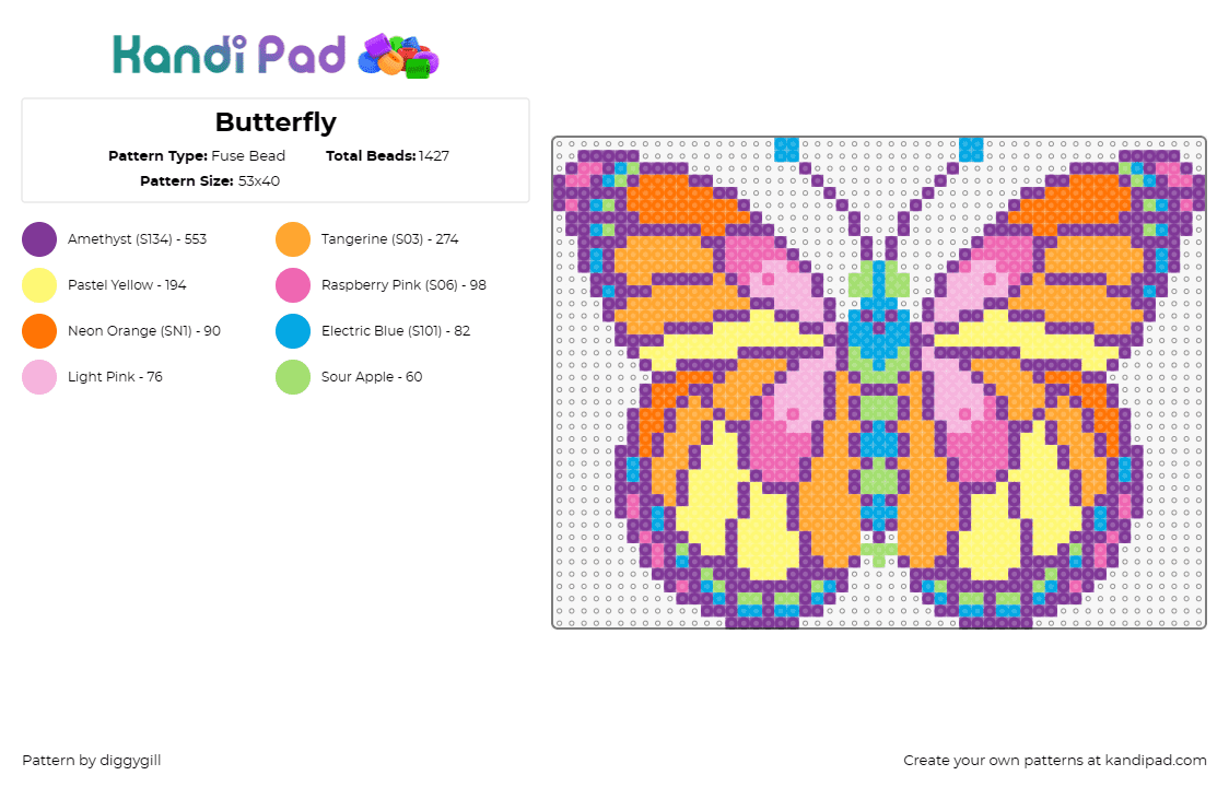 Butterfly - Fuse Bead Pattern by diggygill on Kandi Pad - butterfly,moth,winged,pastel,colorful,cute,pink,orange