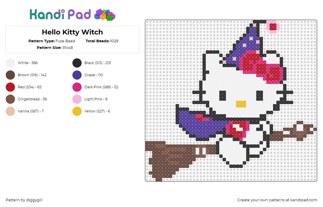 Hello Kitty Witch - Fuse Bead Pattern by diggygill on Kandi Pad - hello kitty,witch,sanrio,costume,halloween,character,broom,magic,white,purple,br