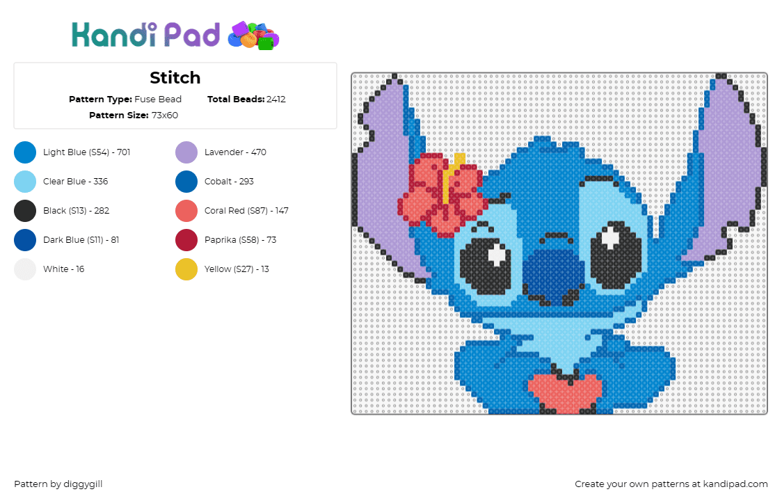 Stitch - Fuse Bead Pattern by diggygill on Kandi Pad - stitch,disney,ohana,lilo and stitch,cute,character,movie,flower,blue,red