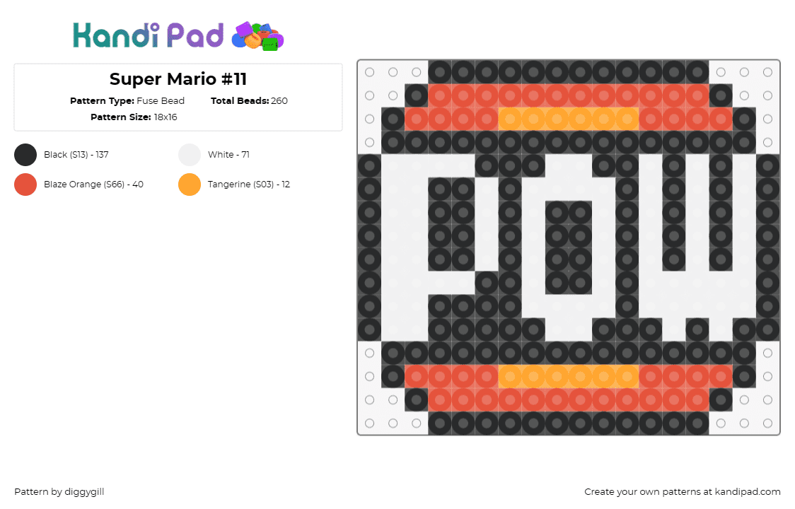 Super Mario #11 - Fuse Bead Pattern by diggygill on Kandi Pad - pow,block,mario,nintendo,video game,orange,white