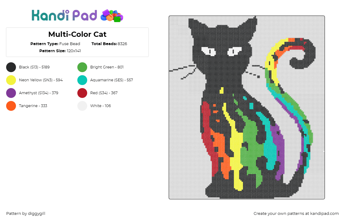 Multi-Color Cat - Fuse Bead Pattern by diggygill on Kandi Pad - cat,animal,paint,colorful,pet,mysterious,drippy,black