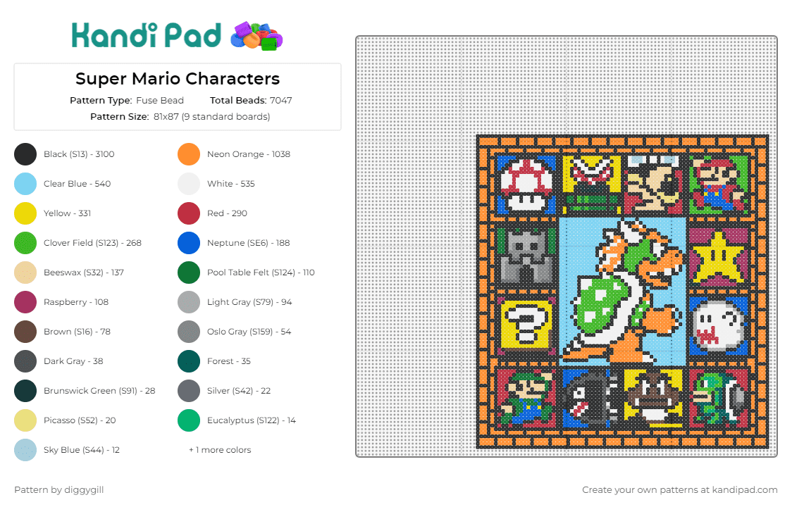 Super Mario Characters - Fuse Bead Pattern by diggygill on Kandi Pad - mario,bowser,nintendo,frame,panel,colorful,video game,light blue,orange,green
