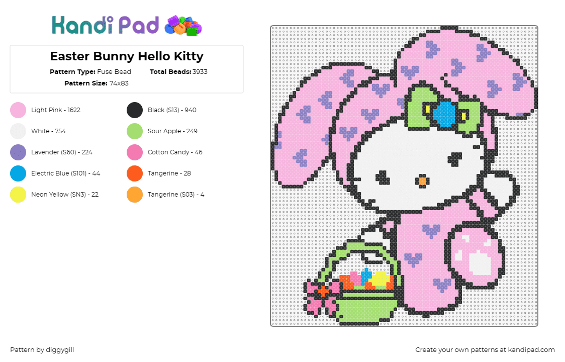 Easter Bunny Hello Kitty - Fuse Bead Pattern by diggygill on Kandi Pad - hello kitty,easter,bunny,sanrio,costume,basket,eggs,character,cute,kawaii,white,