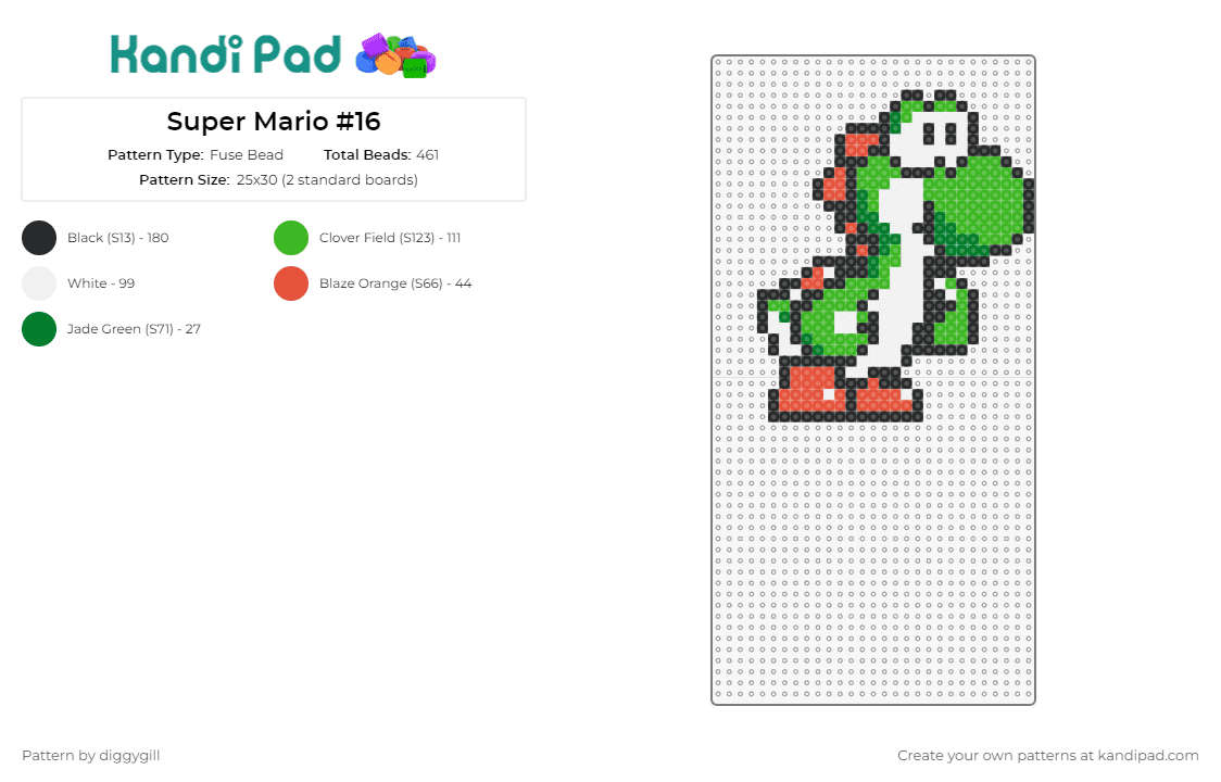 Super Mario #16 - Fuse Bead Pattern by diggygill on Kandi Pad - yoshi,mario,dinosaur,nintendo,video game,character,cute,green,white,orange