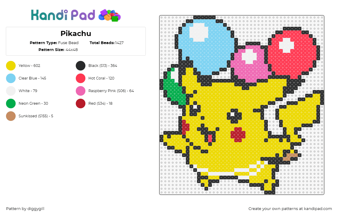 Pikachu - Fuse Bead Pattern by diggygill on Kandi Pad - pikachu,balloons,pokemon,cute,float,character,happy,colorful,yellow,light blue,r