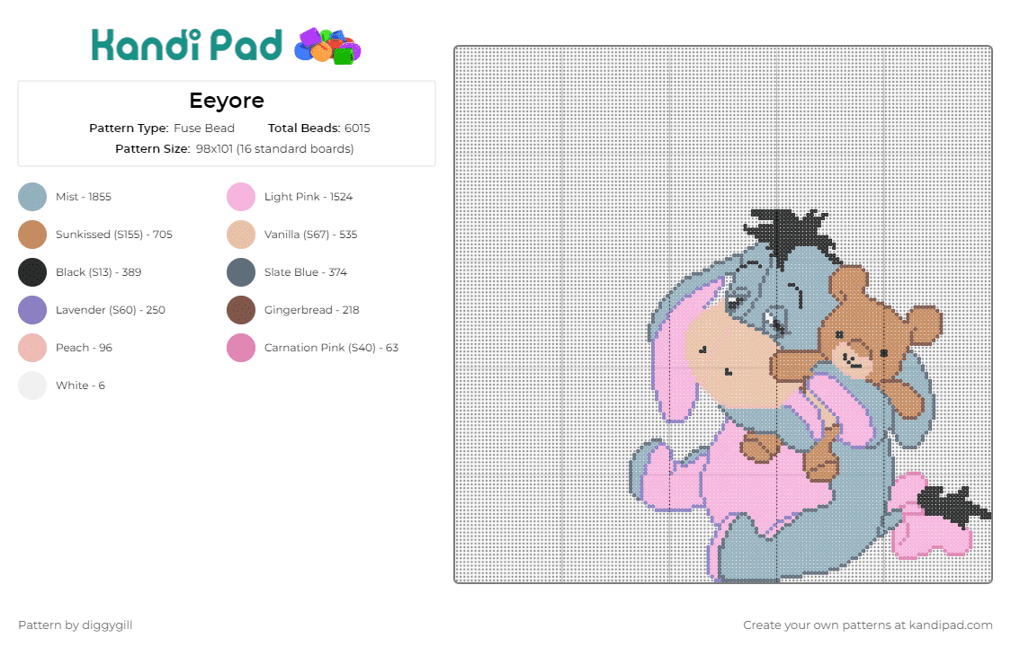 Eeyore - Fuse Bead Pattern by diggygill on Kandi Pad - eeyore,winnie the pooh,disney,donkey,teddy bear,animal,character,cute,pink,gray,tan