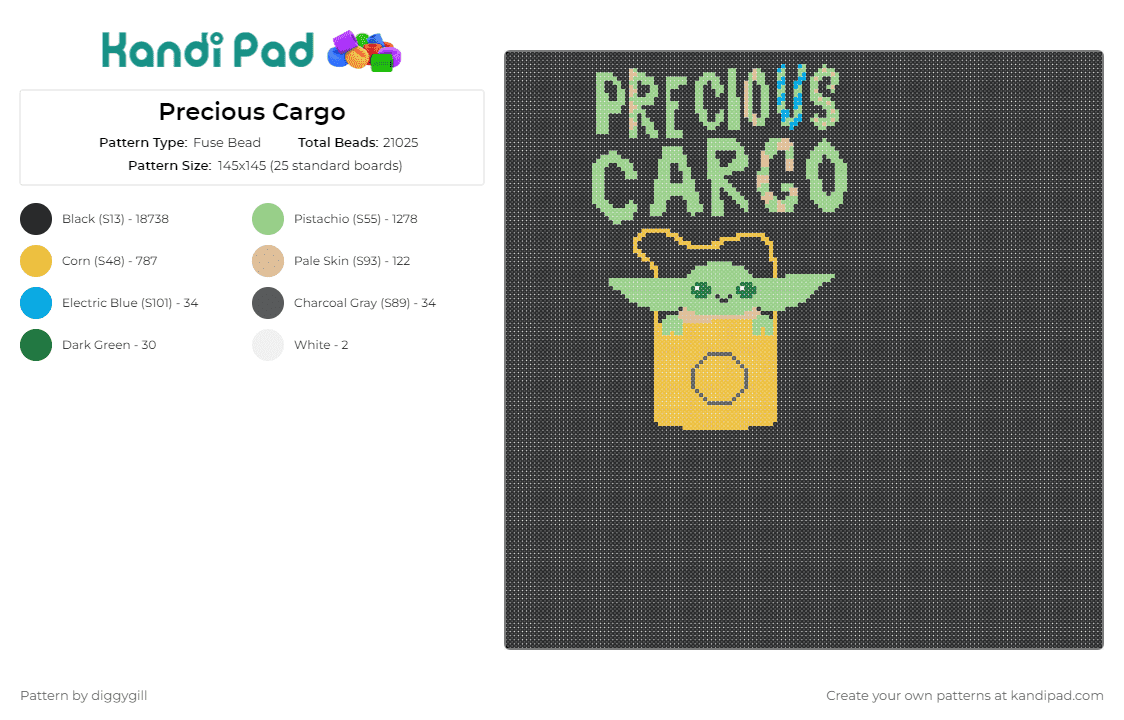 Precious Cargo - Fuse Bead Pattern by diggygill on Kandi Pad - baby yoda,star wars,sign,text,cute,bag,green,yellow