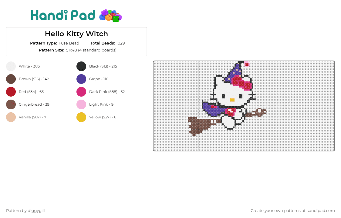Hello Kitty Witch - Fuse Bead Pattern by diggygill on Kandi Pad - hello kitty,witch,sanrio,costume,halloween,character,broom,magic,white,purple,brown