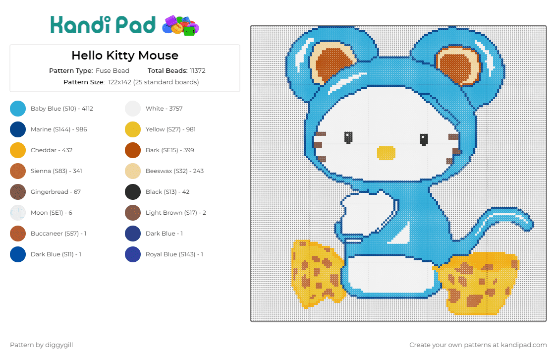 Hello Kitty Mouse - Fuse Bead Pattern by diggygill on Kandi Pad - hello kitty,mouse,sanrio,costume,cheese,cute,character,light blue,yellow,white
