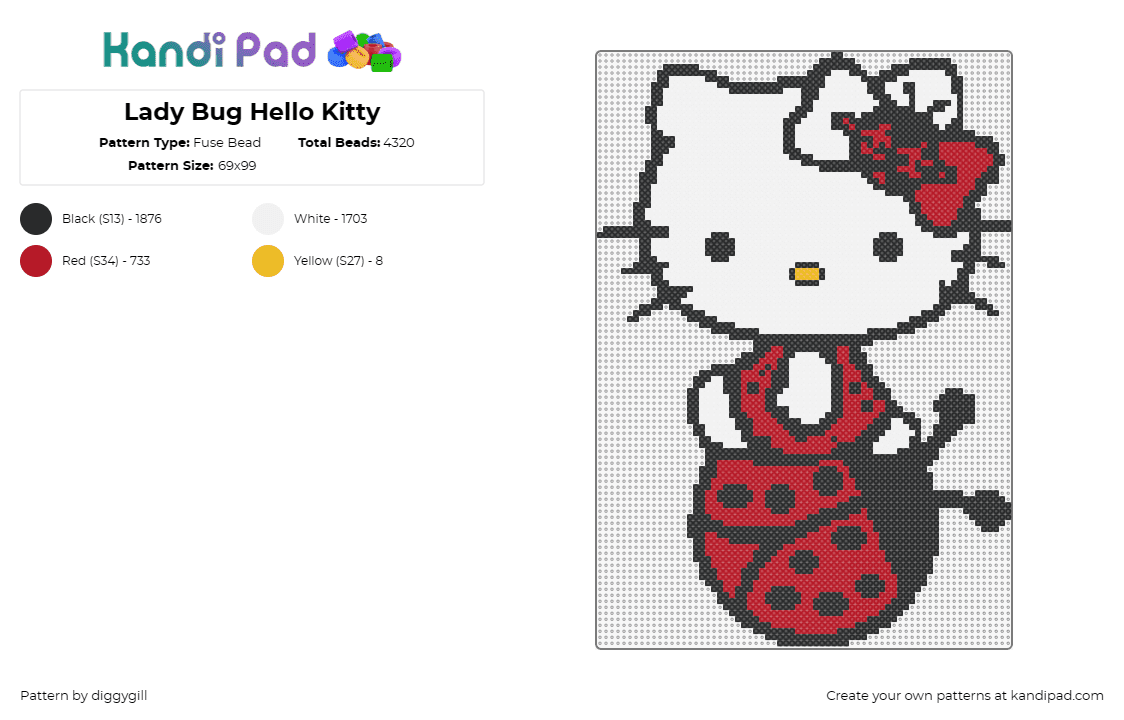 Lady Bug Hello Kitty - Fuse Bead Pattern by diggygill on Kandi Pad - hello kitty,ladybug,sanrio,cute,character,cat,bow,red,white