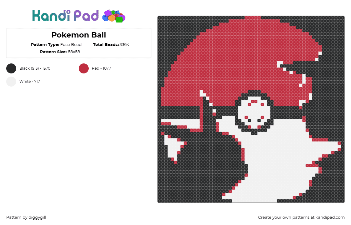 Pokemon Ball - Fuse Bead Pattern by diggygill on Kandi Pad - pokemon,silhouette,pokeball,pikachu,ash ketchum,gaming,red,white,black