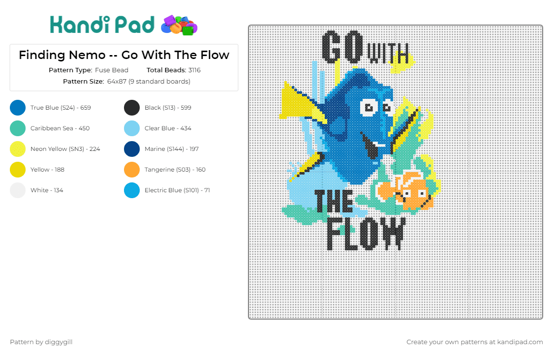 Finding Nemo -- Go With The Flow - Fuse Bead Pattern by diggygill on Kandi Pad - finding nemo,dory,disney,fish,sign,text,blue,teal,black