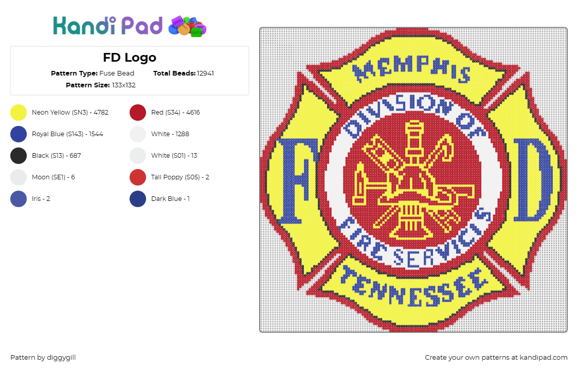 FD Logo - Fuse Bead Pattern by diggygill on Kandi Pad - fire department,tennessee,logo,crest,hero,yellow,red