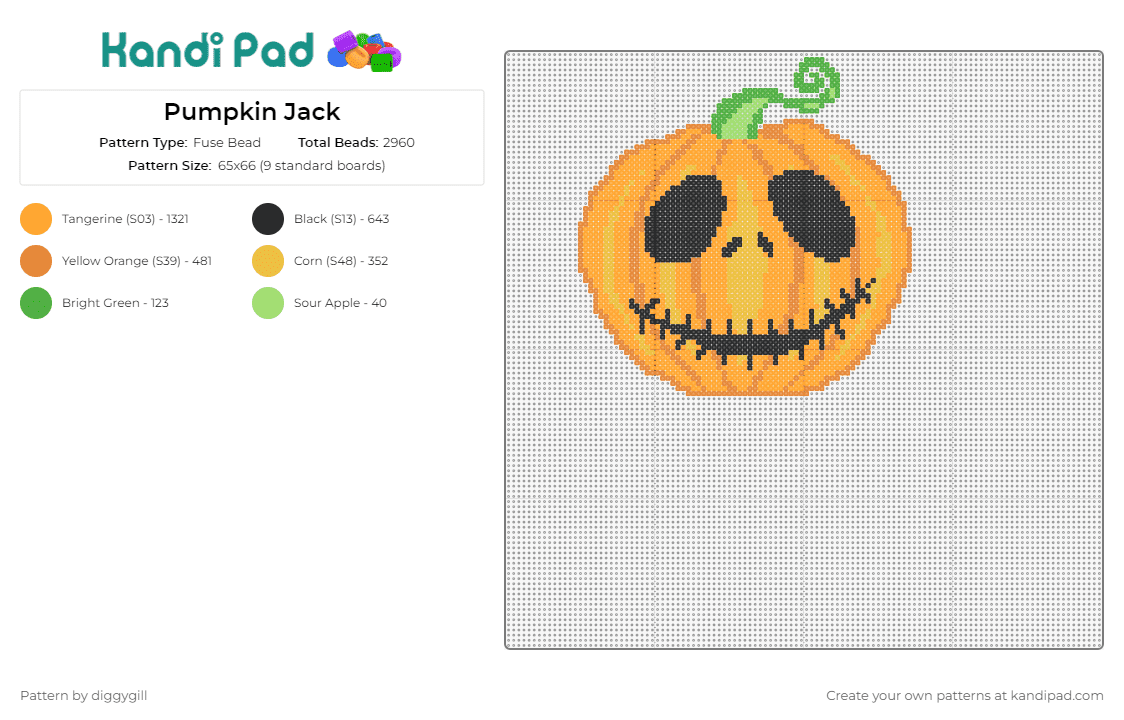 Pumpkin Jack - Fuse Bead Pattern by diggygill on Kandi Pad - jack skellington,pumpkin,nightmare before christmas,halloween,movie,spooky,character,face,orange,black,green