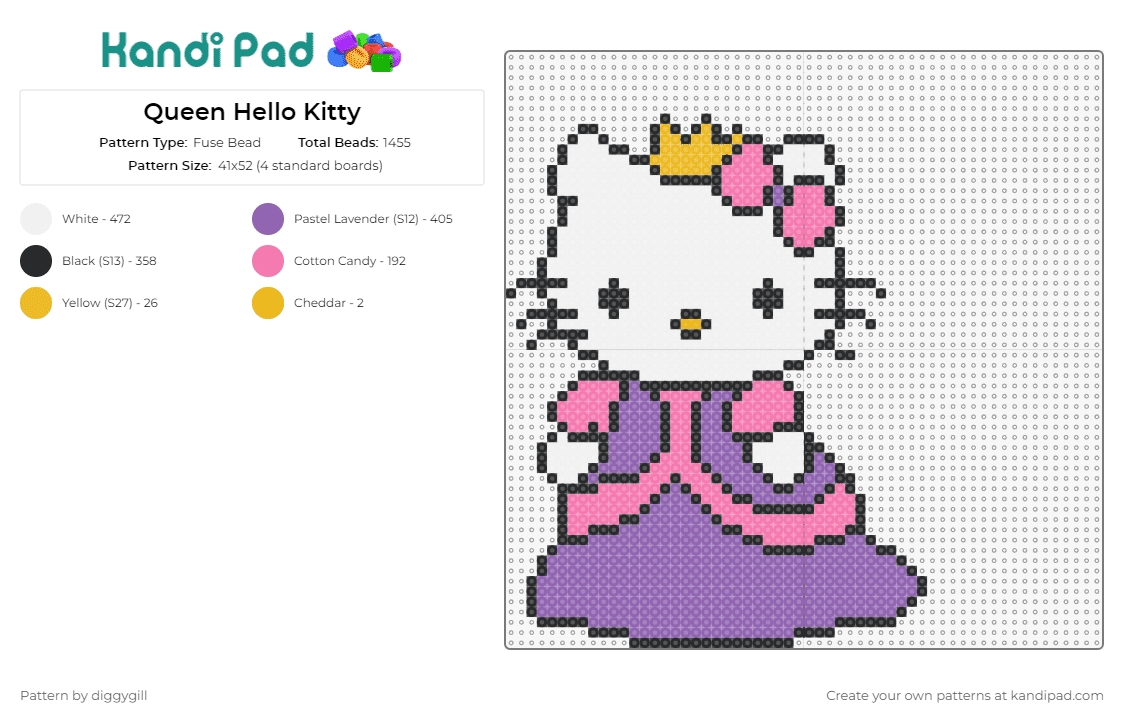 Queen Hello Kitty - Fuse Bead Pattern by diggygill on Kandi Pad - hello kitty,queen,sanrio,crown,dress,character,purple,white