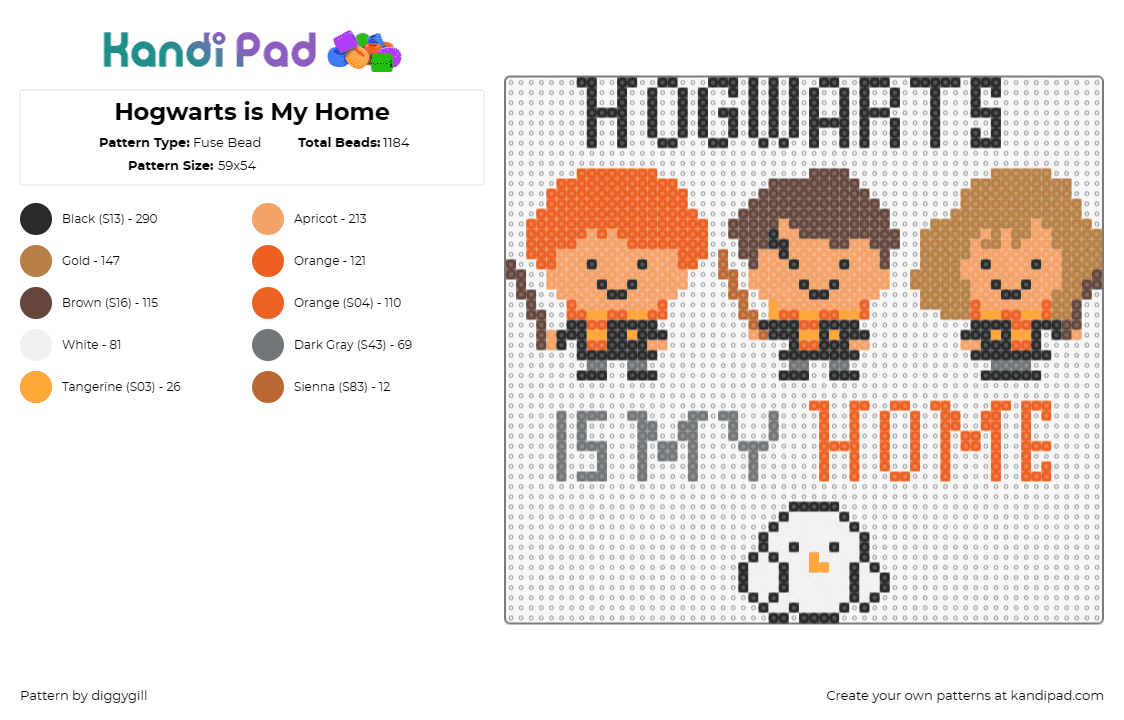 Hogwarts is My Home - Fuse Bead Pattern by diggygill on Kandi Pad - hogwarts,harry potter,sign,book,story,movie,wizard,magic,text,orange,tan