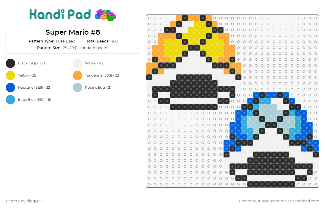 Super Mario #8 - Fuse Bead Pattern by diggygill on Kandi Pad - shells,mario,nintendo,video game,yellow,blue,white