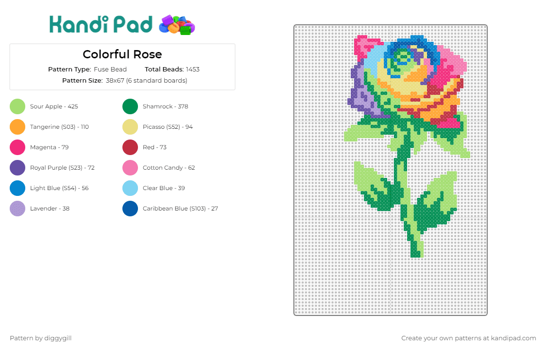 Colorful Rose - Fuse Bead Pattern by diggygill on Kandi Pad - rose,flower,colorful,bloom,nature,plants,garden,green
