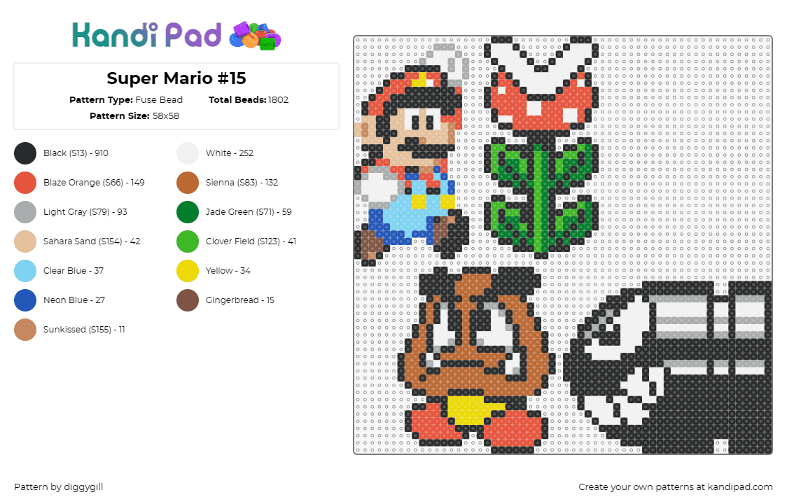 Super Mario #15 - Fuse Bead Pattern by diggygill on Kandi Pad - goomba,bullet bill,piranha plant,mario,characters,nintendo,video game,colorful,b