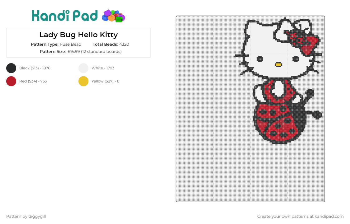 Lady Bug Hello Kitty - Fuse Bead Pattern by diggygill on Kandi Pad - hello kitty,ladybug,sanrio,cute,character,cat,bow,red,white