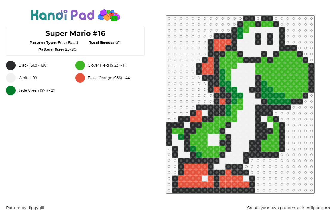 Super Mario #16 - Fuse Bead Pattern by diggygill on Kandi Pad - yoshi,mario,dinosaur,nintendo,video game,character,cute,green,white,orange