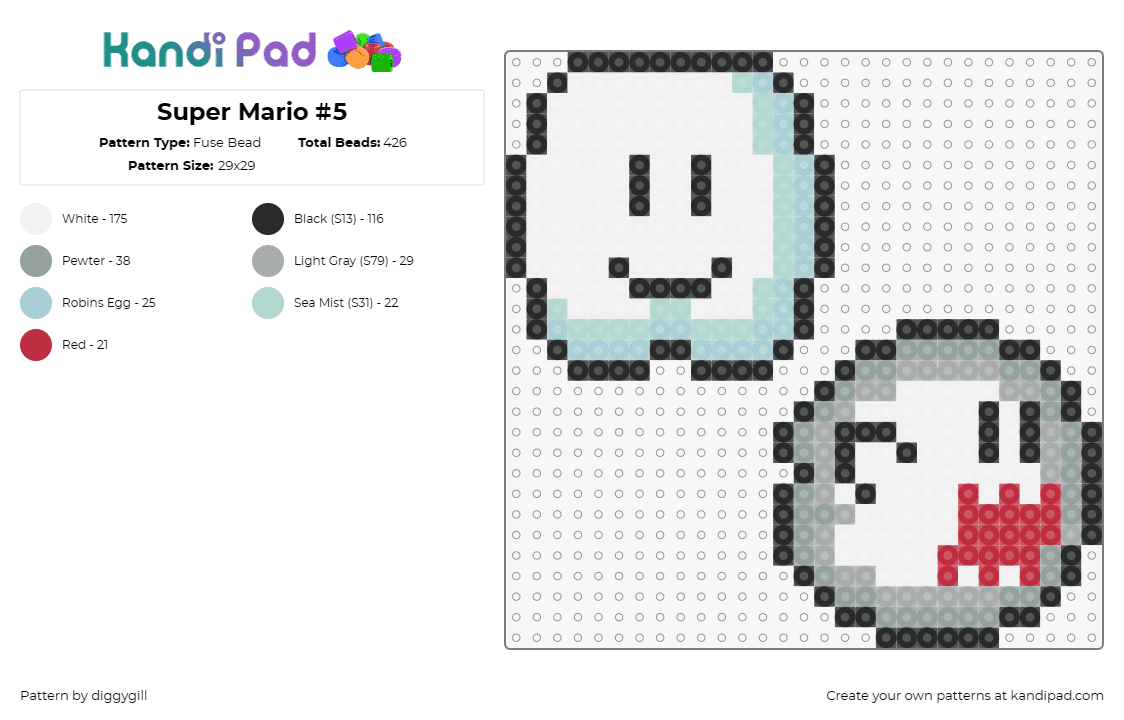 Super Mario #5 - Fuse Bead Pattern by diggygill on Kandi Pad - cloud,boo,ghost,mario,nintendo,character,video game,white,gray